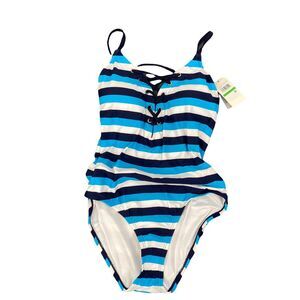 Nautica Women’s Swimsuit Size Large Blue Slimming One Piece Lace Up Striped New